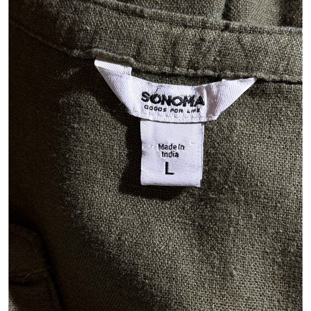 Sonoma Linen Blend Olive Sleeveless Dress L Pintuck Pockets Casual Artsy Midi - Picture 3 of 9